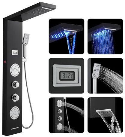ROVOGO LED Colonne Panneau de Douche Hydromassante Noir avec Mitigeur et Affichage de la Température, 5 Modes - Douche de Cascade, Pluie, Douchette, Jets de Massage, Bec de Baignoire, Acier Inox