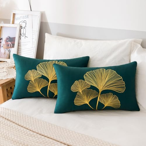 ETOLISHOP Lot de 2 Housse de Coussin Canapé 30x50cm Housse de Coussin Moderne Velours Ginkgo Biloba Motif Taie d'oreiller Bleu Vert Housses de Coussin Salon Housses Coussins pour Canapé Balcon Patio