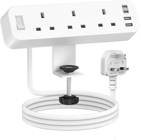 Desk Power Socket, Desk Extension Lead with USB C, Power Strip, 2M | ANVODE 3 Way Desktop Power Socket Extension with Switch, 4 USB (2 Type C) for Home Office, White