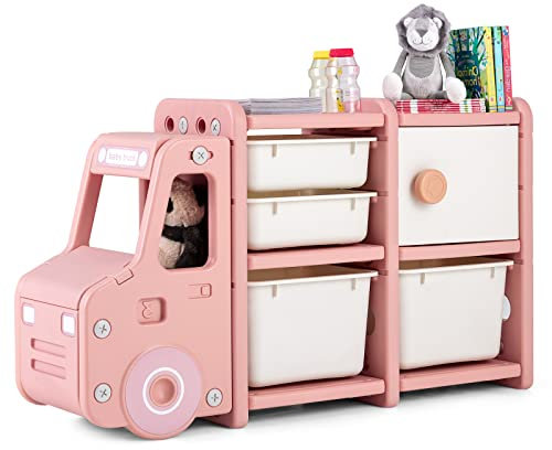 DREAMADE Autoförmiges Kinderregal mit 4 Aufbewahrungboxen & 1 Schrank, Kinderzimmerregal Kinder Bücherregal, Spielzeugregal für Kinderzimmer Wohnzimmer, 110 x 32 x 66 cm (Rosa)