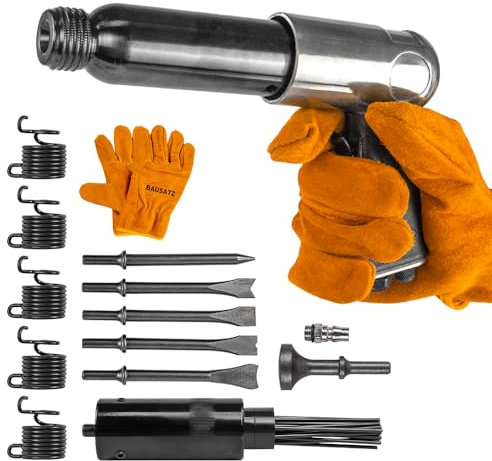 BAUSATZ Air hammer Heavy Duty 220mm long barrel air chisel kit with 5pcs chisels Needle Scaler Attachment with 19pcs Needles，5000BPM air chisel for shoveling and cutting (JBCXJ02)