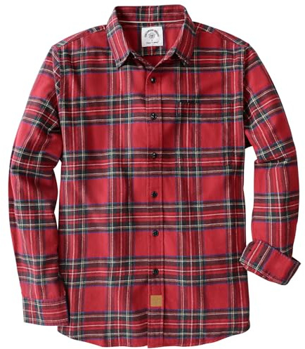 Dubinik® Flanellskjorta för män, 177 g ren bomull, mjuk, varm, långärmad, rutig, ledig skjorta med knäppning, för utomhusbruk, Julrött, XL