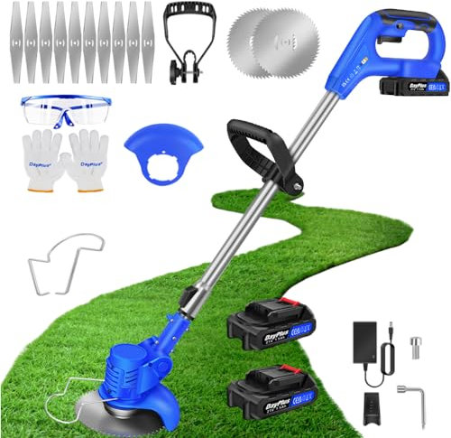 Qimu Akku Rasentrimmer 21V Elektrischer Rasentrimmer Elektro-Trimmer Akku Motorsense Rasen mit 2 Akkus & Metall Messer, Akku Freischneider Gartenkantenfräser mit Klingen für Garten, Hof