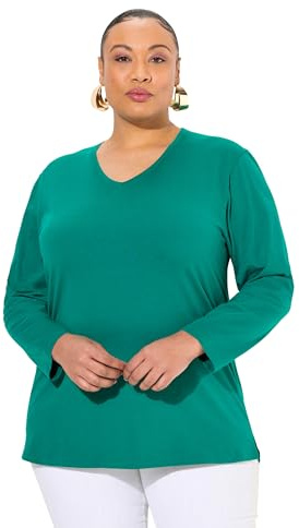 Ulla popken damer stora storlekar överdimensionerade plus size skjorta, V-hals, avslappnad, långärmad, Smaragd grön, 62-64