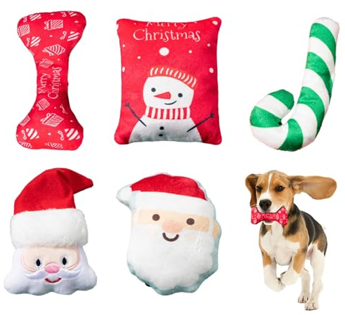 5 Pcs Christmas Pet Sound Cotton Cloth Toys Set - Plush Interactive Dog Squeaky Toys Including Bone, Square Pillows, Candy, Santa Claus for Small Medium Large Pets