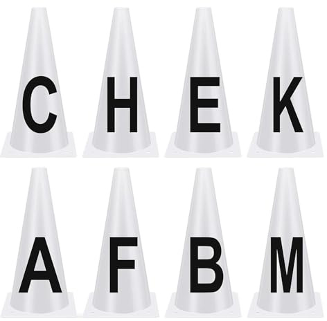 Moreeulsi 8 stapelbare Sport-Trainingskegel für Reitsportler, 32 cm, weiße Dressurkegel mit Buchstaben, tragbare weiße Dressurbriefkegel-Set, Wettkampf-Dressurmarkierer