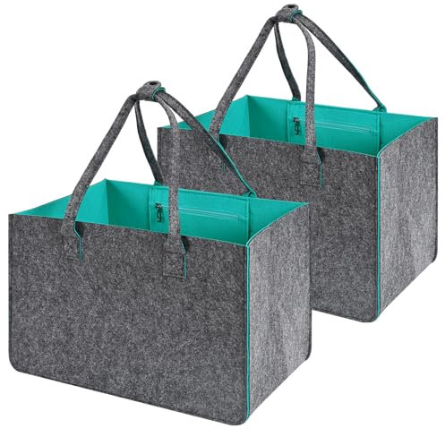 Pesonlook 2er-Pack Filztasche Shopper, 30 L Groß Filz Einkaufstasche, Filz Einkaufskorb, faltbare Einkaufstasche, faltbare Filz Tragetasche, Filz Einkaufstasche (Dunkelgrau/Türkis, 40x27x27cm)