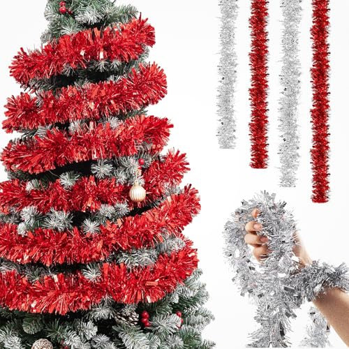 CaiTang 4 Piezas Guirnalda Espumillón de Navidad,2M Guirnalda Oropel Navidad,Chunky Espumillón Rojo Plata Oropeles,Decoración Espumillón,Guirnalda Brillante para Decorar Árbol de Navidad Boda Fiesta