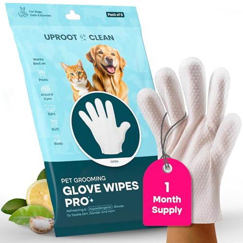 Uproot QuickClean Gloves Pro: 1 Month Supply - Extra-Thick Pet Glove Wipes for Dogs & Cats - Easy Wipe Paws, Eyes, Ears, Butt, & Body - Lick-Safe - Cleaning, Deodorizing & Grooming (6 Pack)