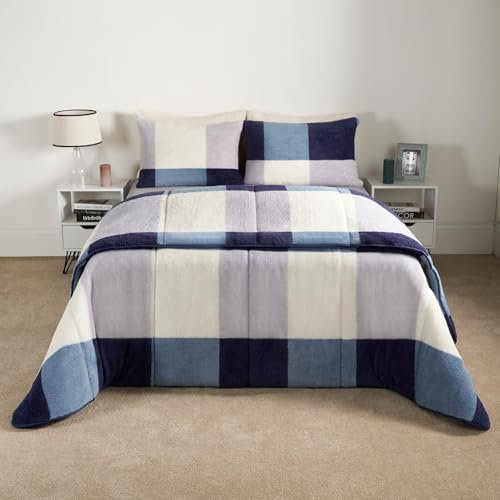 OHS Teddy Coverless Quilt Double 10.5 Tog, Gingham Fleece Duvet Double Washable Coverless Duvet Camping Winter Duvets Soft Warm Comfy Bedding with Pillowcases - Navy