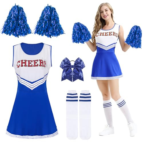 Moiuguli Cheerleader Kostüm Damen, Cheerleader Outfit Cheer-leader Kostüm mit Cheer-leader Pompons und Socken, Superstar Cheer leader Costume für Karneval Kos-tüm Damen und Partei
