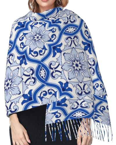 Hceaatb Damen-Schal, Keramik, blau, Blume, modisch, Winter, warm, Kaschmir, Fransenschal, Schwarz , Einheitsgröße