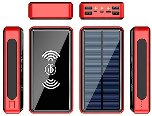 Chargeur Solaire 100000 mAh, Chargeur Solaire Portable sans Fil avec LED et 4 Ports de Sortie USB, Batterie de Secours Externe, Chargeur de téléphone de Grande capacité, Rouge