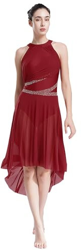 Miaeowve Lyrisches Tanzkleid Damen Ärmellos Ballettkleid Strass Glitzer Eiskunstlauf Kleid Wickel Midikleid Contemporary Dance Outfit Burgundy M