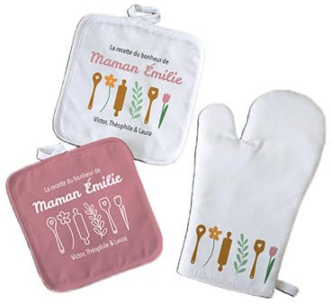 CADEAUX.COM - Gant cuisine Manique Personnalisé Recette du Bonheur - Message Personnalisable - Cadeau Anniversaire Femme Maman Fete des Meres