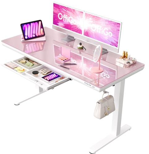 OffiGo Glas Skrivbord Reglerbart med Låda, 140 x 60cm, Rosa | Elektriskt höjdjusterbart skrivbord, med USB och Type-C, Lådor för Hemmet
