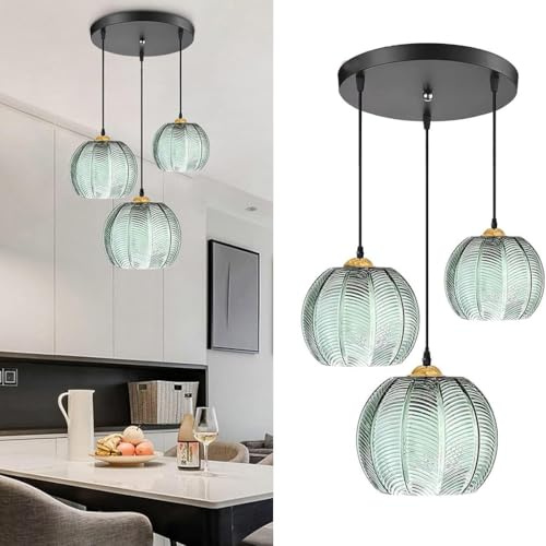HEYUN 3-Flammige Pendelleuchte Esstisch Hängelampe Mit Grünem Glas Lampenschirm Höhenverstellbare Moderne Deckenleuchte Kreative Hängeleuchte Für Küche Esszimmer Schlafzimmer Wohnzimmer(3-light)