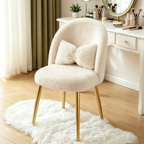 Bonnlo Schminktisch Stuhl, Moderner Esszimmerstuhl mit verstellbaren Goldbeinen & Schleifenkissen, Schminkstuhl für Mädchen Schlafzimmer Kinderzimmer Wohnzimmer (Plüsch, Khaki)
