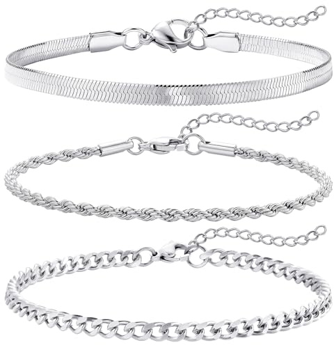 J.Fée Silber Armband Herren Edelstahl Armbänder Set, 3 Stück 316L Edelstahl Männer Armband Kubanischen Stil Armbänder für Herren Hypoallergen Stapelbare Schmuck Geschenke für Männer