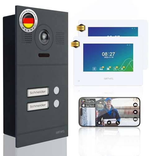 Mathfel 2-Draht IP Video-Türsprechanlage mit Türöffner – Full-HD Kamera, 7 Monitor & App-Steuerung – Smarte Video-Türklingel mit Gegensprechanlage (Anthrazit, 2 Klingeltaster)