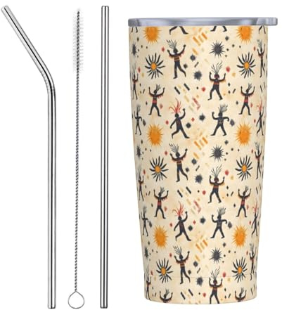 Vaso con estampado de elementos tribales con tapa y popote, vasos aislados de acero inoxidable de 20 onzas, taza de café personalizada, botella de agua