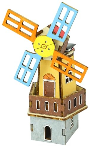 Odoukey Solar Powered 3D Wood Puzzles, Rotating Windmill Wooden Puzzle Scientific Paintable Houses for Crafts Children Kids DIY