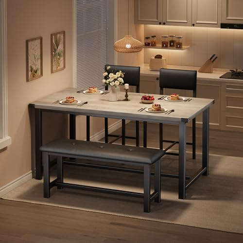 Garvee Esstisch Set 4-Teilig, Esszimmertisch Mit 2 Gepolsterte Stühlen & Banken Esszimmergruppe Für 4 Personen Rechteckig Küchentisch-Set Für Wohnzimmer, Esszimmer, Küche, Grau