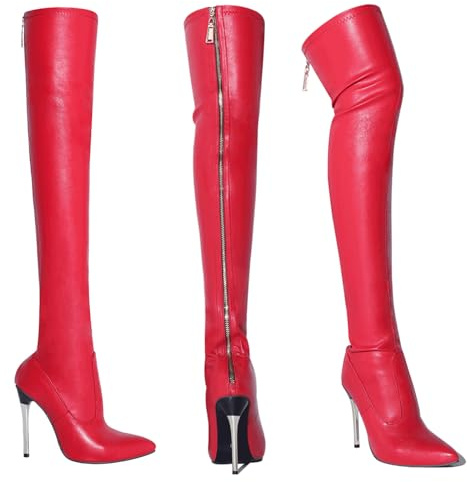 Rouge,44,Bottes Cuissardes à Talons Aiguilles pour Femmes, Bottes Hautes Sexy à Talons Aiguilles Pointus et Fermeture éclair à l'arrière, Bottes Cuissardes Oversize en PU