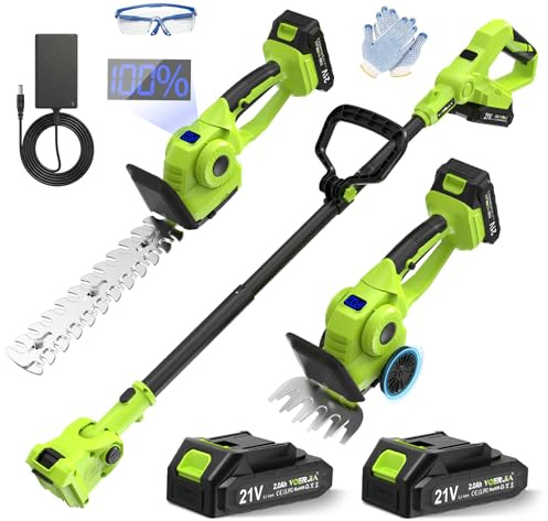 Tijeras de podar inalámbricas 4 en 1 VOERJIA para césped y arbustos con pértiga Extensible de 115 cm (Alcance de 165 cm), 21 V, con Ruedas, 650 W, Ajustables a 180°