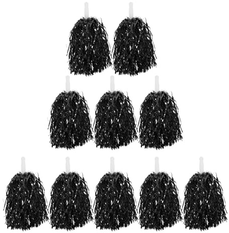 COHEALI Pompones de Animadora Reutilizables Mango, 10 Piezas Negras, Accesorios Portátiles para Animar Eventos Deportivos y Bailes, Utilería Compacta para Porristas