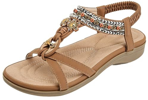 Genérico sandalias mujer,sandalias planas mujer verano, planas con tiras en T y cuentas para, con piedras preciosas de colores y elástico Caminar Zueco Sanitario (Khaki, 41)