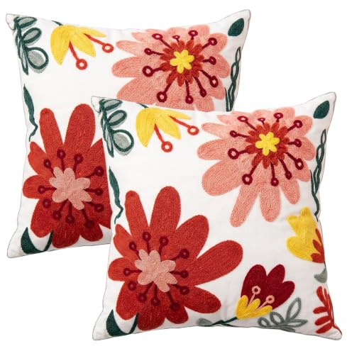 PokeAir 2 Stück Kissenhülle 45x45 cm, Kissenbezug Blumen, Outdoor Boho Kissenbezug, Kissenhüllen Blumen Bestickt, Kissenbezugs Sommer für Sofa Couch Schlafzimmer Wohnzimmer Outdoor Garten