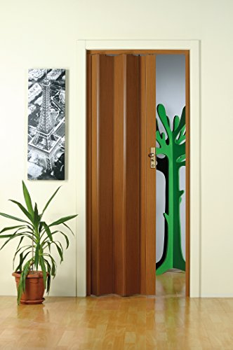 Forte Porta a Soffietto in PVC, Resistente agli Urti, Riducibile, Kit Completo di Serratura, 83L x H214 cm, Effetto Legno Scuro, modello Maya