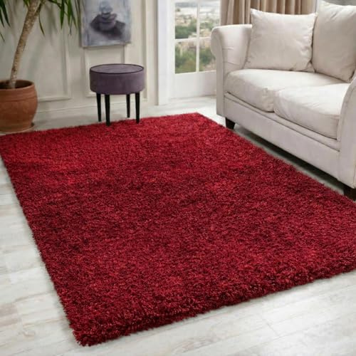 Oxford Plain Soft Thick Shaggy Living Room Area Rug, Red, 80x150cm