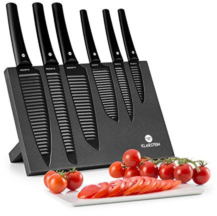 Klarstein Messerblock mit Messer, 6-Teiliges Messer-Set mit Block, Küchenmesser & Magnetischer Messerblock, Scharfes Stahl-Messerset, Kratzfest, Japanisch Inspiriertes Messerset mit Block für Köche