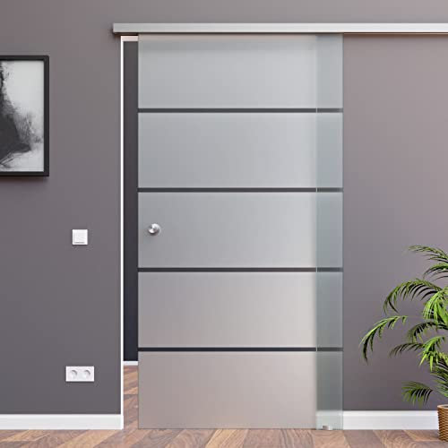 BP1-775-KNAUF-AS: Schiebetürsystem ESG 775x2050x8mm P1, Siebdruck; Alu Schienensystem SlimLine SoftStop; Knaufmuschel