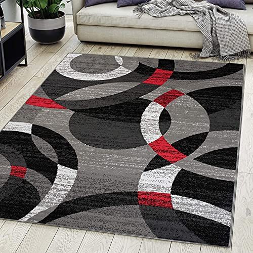 Carpeto Groß Teppich Wohnzimmer 300x400cm Rot Anthrazit Geometrisch Weich | Teppich für Schlafzimmer Büro Esszimmer Pflegeleicht Fußbodenheizungsgeeignet Reinigungsmittelbeständig Kurzflor Synthetisch