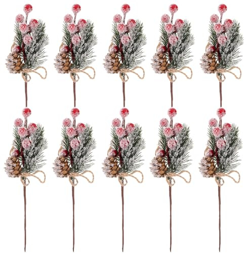Ultnice 10 StüCk KüNstliche Kiefernnadeln Mit Roten Beeren Lebensechte Stimulationskiefern FüR Weihnachtsdeko KräNze Und Blumenarrangements 7.5 Zoll LäNge