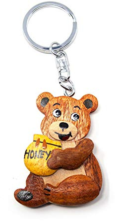 Porte-clés en bois - Ours avec pot de miel.