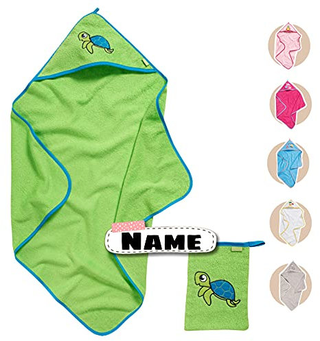 Stickling Baby Kapuzenhandtuch Set mit Waschlappen | Baby Handtuch Kapuzenbadetuch 75 x 75 cm | personalisiert mit Name | Baby Badetuch Bestickt mit Namen | Jungen Mädchen (Grün Schildkröte)