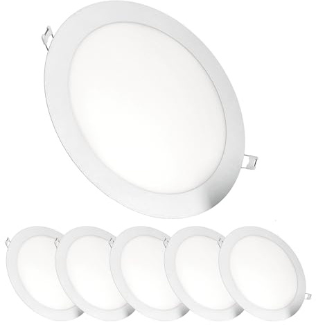 JANDEI – Confezione da 6 faretti LED da incasso rotondi, 18W, 1500 lumen, extrapiatti 13 mm, foro di montaggio Ø200-205 mm, bianco freddo 6000K con trasformatori inclusi