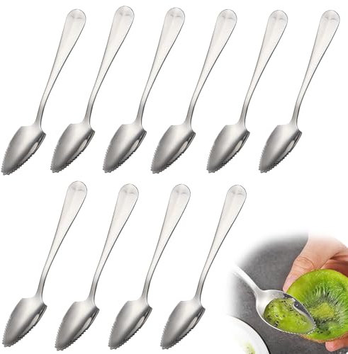 10 Stück Edelstahl Grapefruitlöffel, Grapefruit Besteck, Kiwilöffel, Wellenschliff-Löffel, Fruchtbaggerlöffel mit Gezackten für Zitrusfrüchte, Wassermelone, Kiwi, Dessert
