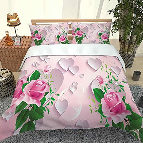 QZDUCN Set Biancheria Da Letto Singolo Bambino 3 Pezzi 3D Stampa Copripiumino Rosa Rosa A Forma Di Cuore Microfibra Parure Da Letto Lettino Neonato Con Cerniera Copripiumino E 2 Federe 140x200cm