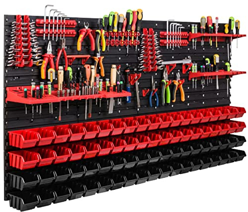 Lagersystem Werkstattregal | 156 x 78 cm | 76 stck. Box | Wandregal mit Werkzeughalterungen und Stapelboxen - Wandplatten Extra Starke Schüttenregal Warkzeuglochwand Lagerregal Garage Regal