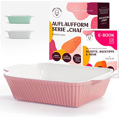 Happy Lemuro Auflaufform Groß für 3-5 Personen - Extra Hoch - Eckige Ofenform | Lasagne Auflaufform aus Keramik - für Aufläufe, Tiramisu, Lasagne - Spülmaschinensicher - inkl. eBook (rosa)
