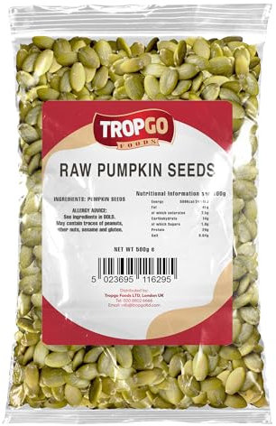 Tropgo Pumpkin Seeds - 500g - Packed Fresh, Premium Quality Healthy Snack - Raw Pumpkin Seeds - High in Fibre & Minerals, Gluten Free - Perfect for Snacking