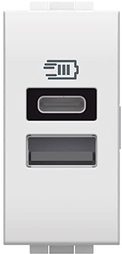 Bticino N4191AC Caricatore USB con due ingressi tipo A e C, da installare nella placca Livinglight, per ricaricare un dispositivo elettronico fino a 15W o due dispositivi assieme, 1 modulo, bianco