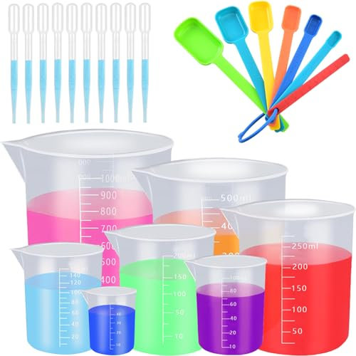 Plastic Measuring Cups with Spoons and Droppers, 24Pcs Liquid Measure Jug Transparent Lab Graduated Beakers, Multipurpose Paint Mixing Cups for Science Exploration