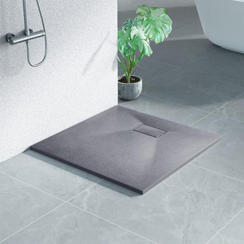 Heilmetz SMC Duschwanne 80 x 80 cm flache 2,6 cm, Steinoptik Grau | Pflegeleichte SMC Duschtasse mit rutschhemmender Steinoptik, 2,6 cm Höhe und 90 mm Ablauföffnung für flexible Montage