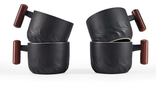 CLASGLAZ 70ml Ceramic Espresso Cups with Wooden Handle, Set of 4,